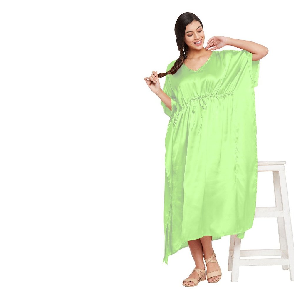 Riara Womens Fashion Satin Long Kaftan Gown Green Nighty with Sleeve Night Dress - Picture 4 of 6